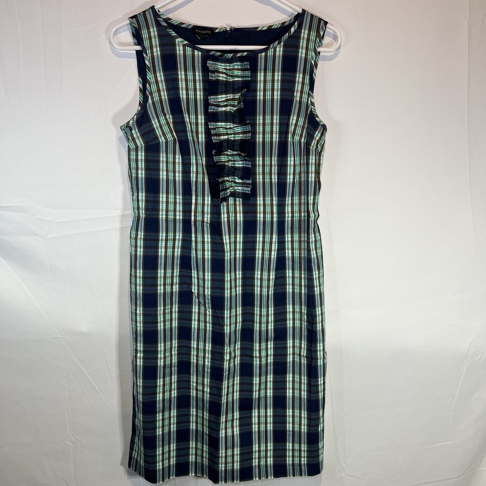 Talbots Dress Women's Size 2 Blue Plaid Ruffle Front Sleeveless Shift Lined